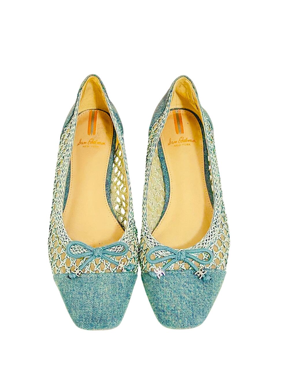 Sam Edelman May Woven Ballet Flats Blue Denim Raffia Square Toe Size 7